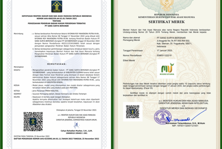 PT. Sang Surya Bersinar tidak hanya telah resmi berbadan hukum (SK Menkumham: AHU-0082359.AH.01.01 Thn 2022), tetapi merek kami MIKRO UTAMA (MU) juga telah terdaftar dan dilindungi oleh negara (Sertifikat Merek No. IDM001122219).