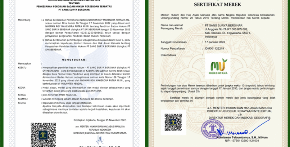 PT. Sang Surya Bersinar tidak hanya telah resmi berbadan hukum (SK Menkumham: AHU-0082359.AH.01.01 Thn 2022), tetapi merek kami MIKRO UTAMA (MU) juga telah terdaftar dan dilindungi oleh negara (Sertifikat Merek No. IDM001122219).