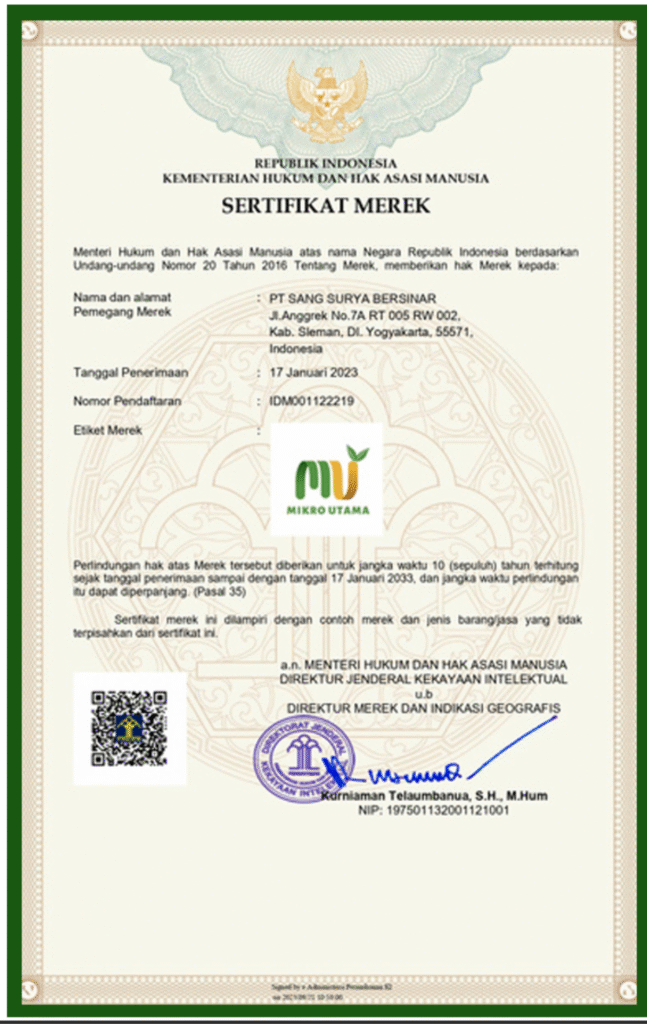 PT. Sang Surya Bersinar tidak hanya telah resmi berbadan hukum (SK Menkumham: AHU-0082359.AH.01.01 Thn 2022), tetapi merek kami MIKRO UTAMA (MU) juga telah terdaftar dan dilindungi oleh negara (Sertifikat Merek No. IDM001122219).
