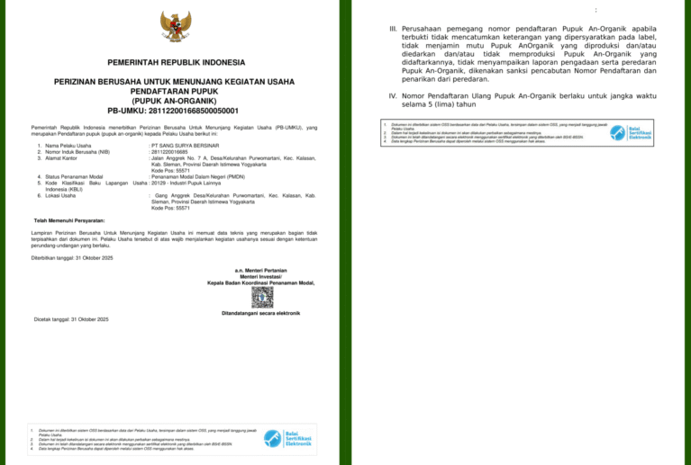 Kepercayaan Anda adalah prioritas. Pupuk MIKRO UTAMA telah resmi mengantongi Izin Pendaftaran dari Kementerian Pertanian RI (No. 01.08.2025.864).