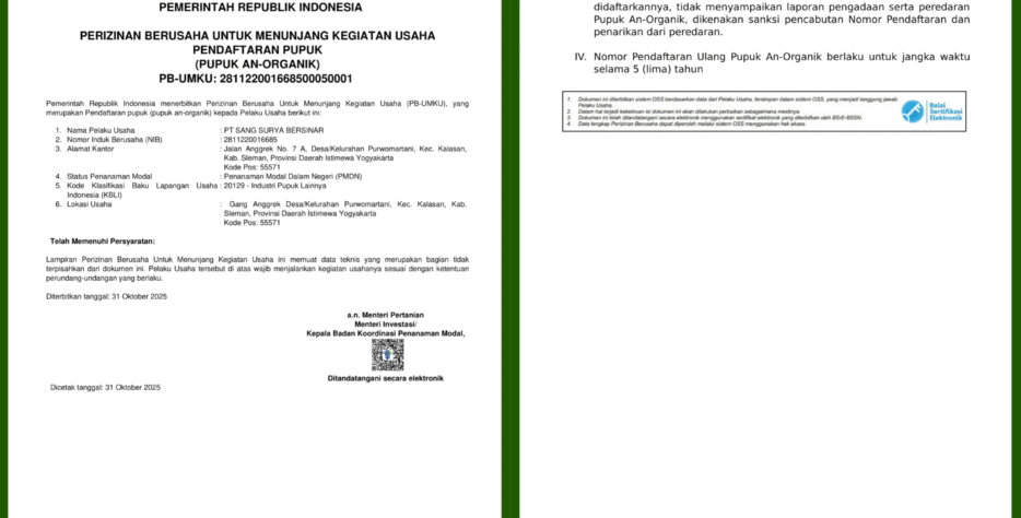Kepercayaan Anda adalah prioritas. Pupuk MIKRO UTAMA telah resmi mengantongi Izin Pendaftaran dari Kementerian Pertanian RI (No. 01.08.2025.864).