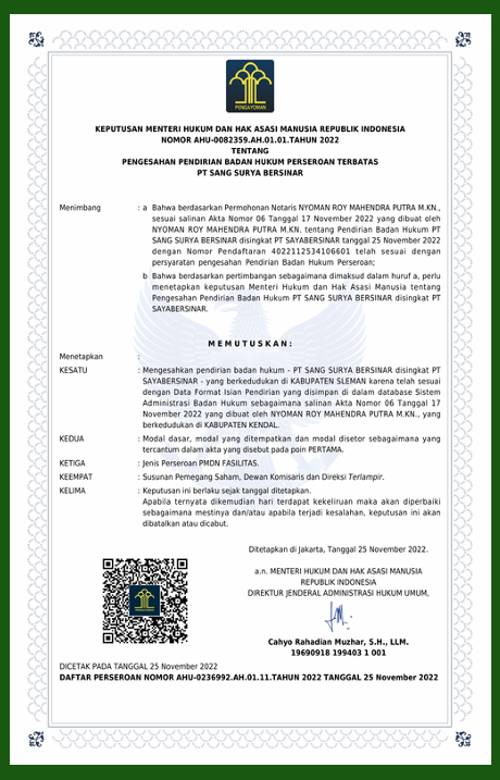 PT. Sang Surya Bersinar tidak hanya telah resmi berbadan hukum (SK Menkumham: AHU-0082359.AH.01.01 Thn 2022), tetapi merek kami MIKRO UTAMA (MU) juga telah terdaftar dan dilindungi oleh negara (Sertifikat Merek No. IDM001122219).