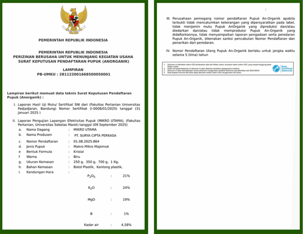 Kepercayaan Anda adalah prioritas. Pupuk MIKRO UTAMA telah resmi mengantongi Izin Pendaftaran dari Kementerian Pertanian RI (No. 01.08.2025.864).